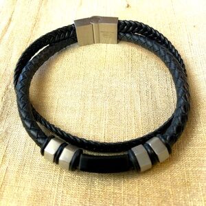Mens Double-Row Braided Leather Bracelet Bangle Wristband Trendy